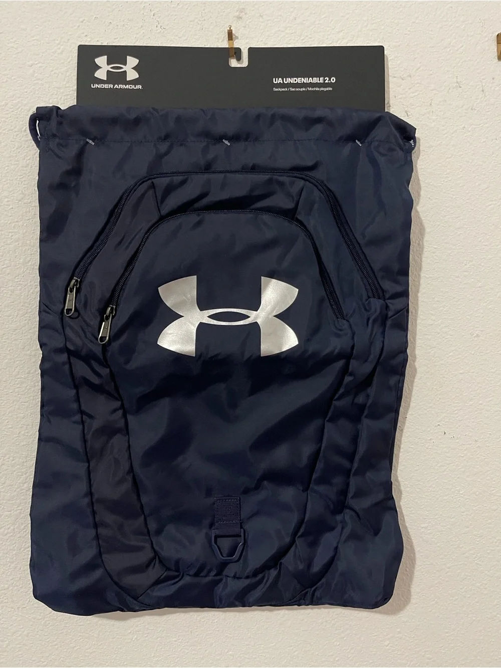 Under Armour Navy Drawstring Gym Backpack with Silver Logo